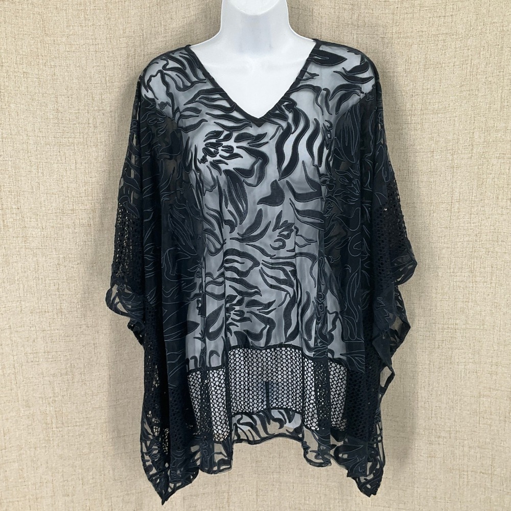 Chico's Poncho Top Women L/XL Black Burnout Floral Mesh Crochet Boho Classic